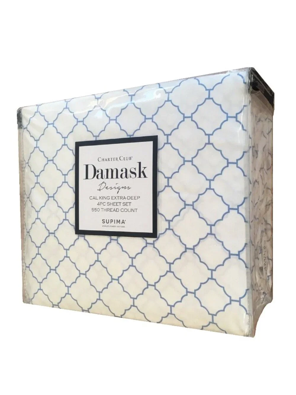 new ARABESQUE Charter Club 550 TC Cotton CAL KING X-Deep Sheet Set BLUE on WHITE